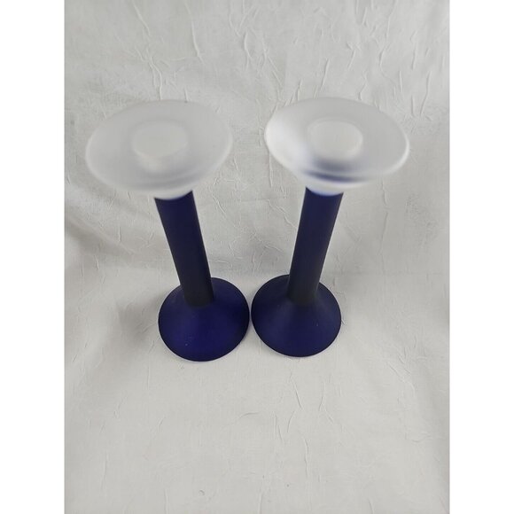 Frosted Cobalt Blue Candlesticks 7in vtg satin glass hourglass colorblock 2pc - Picture 5 of 12